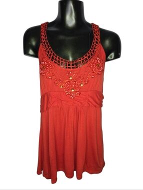 Y2K Red Orange Crochet Beaded Flowy Summer Babydoll Tank Top Size Medium